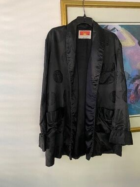 Vintage Black Chinese Satin Jacquard Blazer Smoking Jacket XL